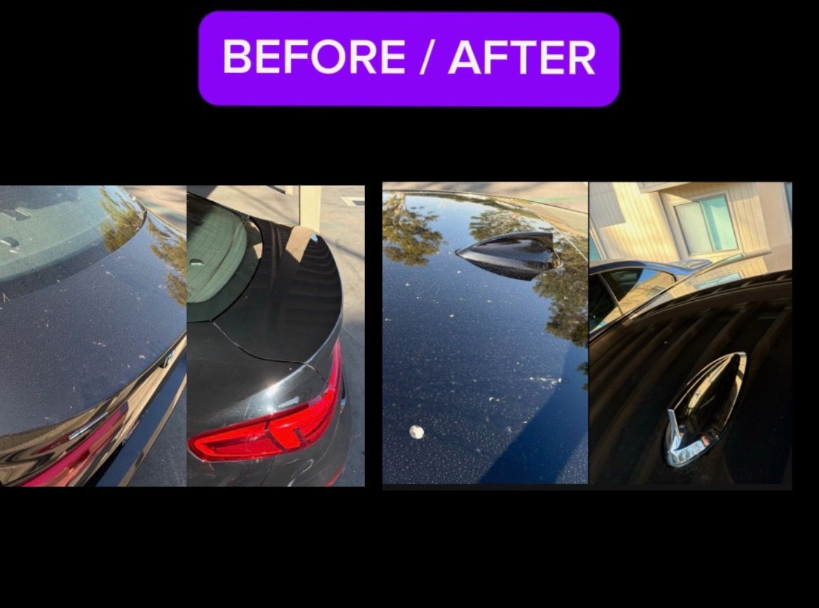 Before and after auto detailing comparison showing dramatic improvement in paint finish and clarity